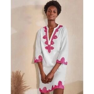NWT!! BODEN Bella Embroidered Linen Dress White Pink Vacation‎ Travel Size 4